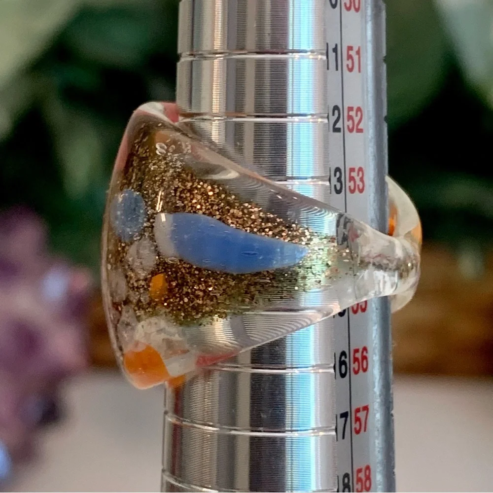 Vintage Murano Style Art Glass Hand Blown Lampwork Confetti Dome Ring Size 7